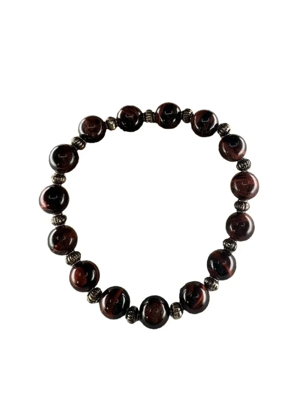 8mm Natural Red Tiger Eye Stone Stretch Beaded Bracelet Silver Alloy Charm